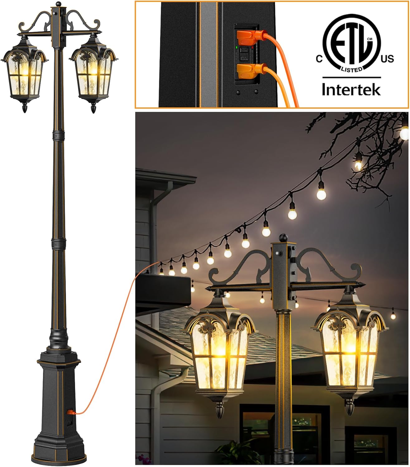 Outdoor Lamp Post Light with GFCI Outlet, Dusk to Dawn Black Outside Pole Lights, Double Head Exterior Street Lighting Fixture for Backyard Driveway