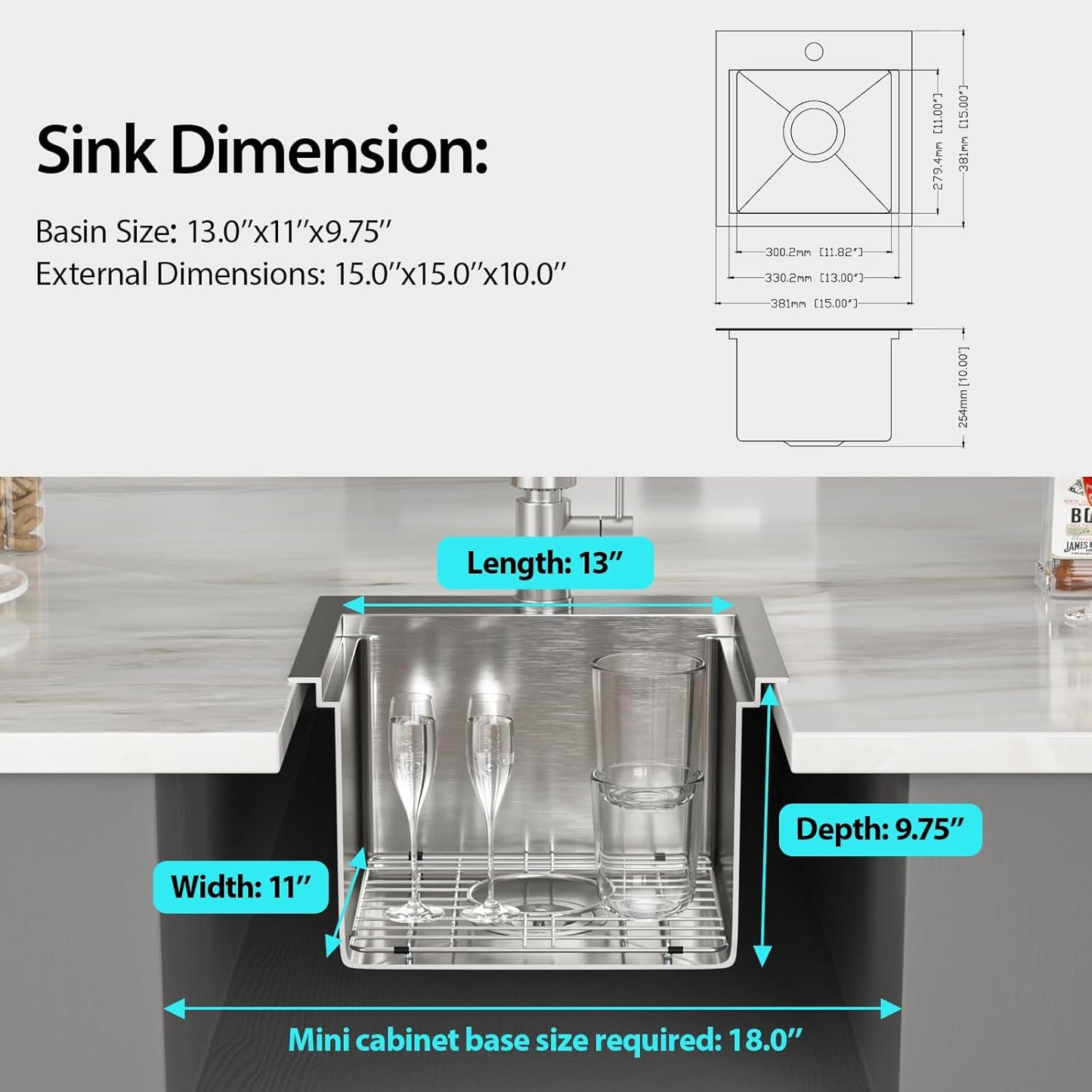 15 Inch Drop In Bar Sink Workstation 15x15 Drop Kitchen Sink Topmount Wet Bar Sink Stainless Steel 16 Gauge Handmade Single Bowl RV Sink