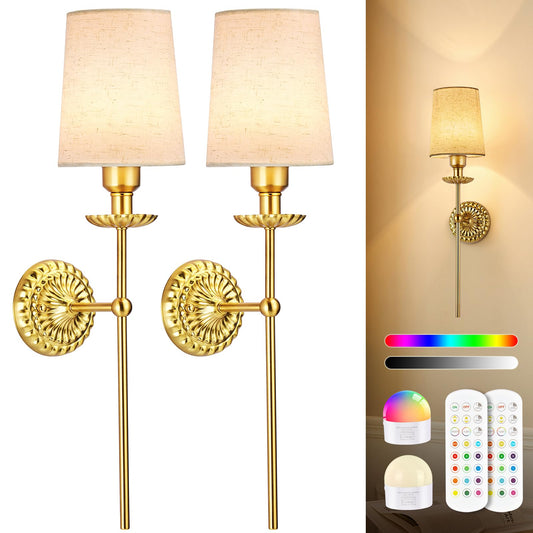 Battery Operated Wall Sconce Set of 2, Gold Wireless Wall Light 23.6 in