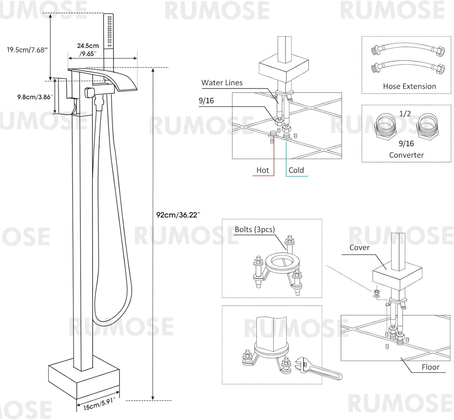 Tub Filler Freestanding Bathtub Faucet Brushed Nickel Floor Mount Tub Faucet Waterfall Bathtub Filler with CUPC Certified High Flow Brass Bath Shower