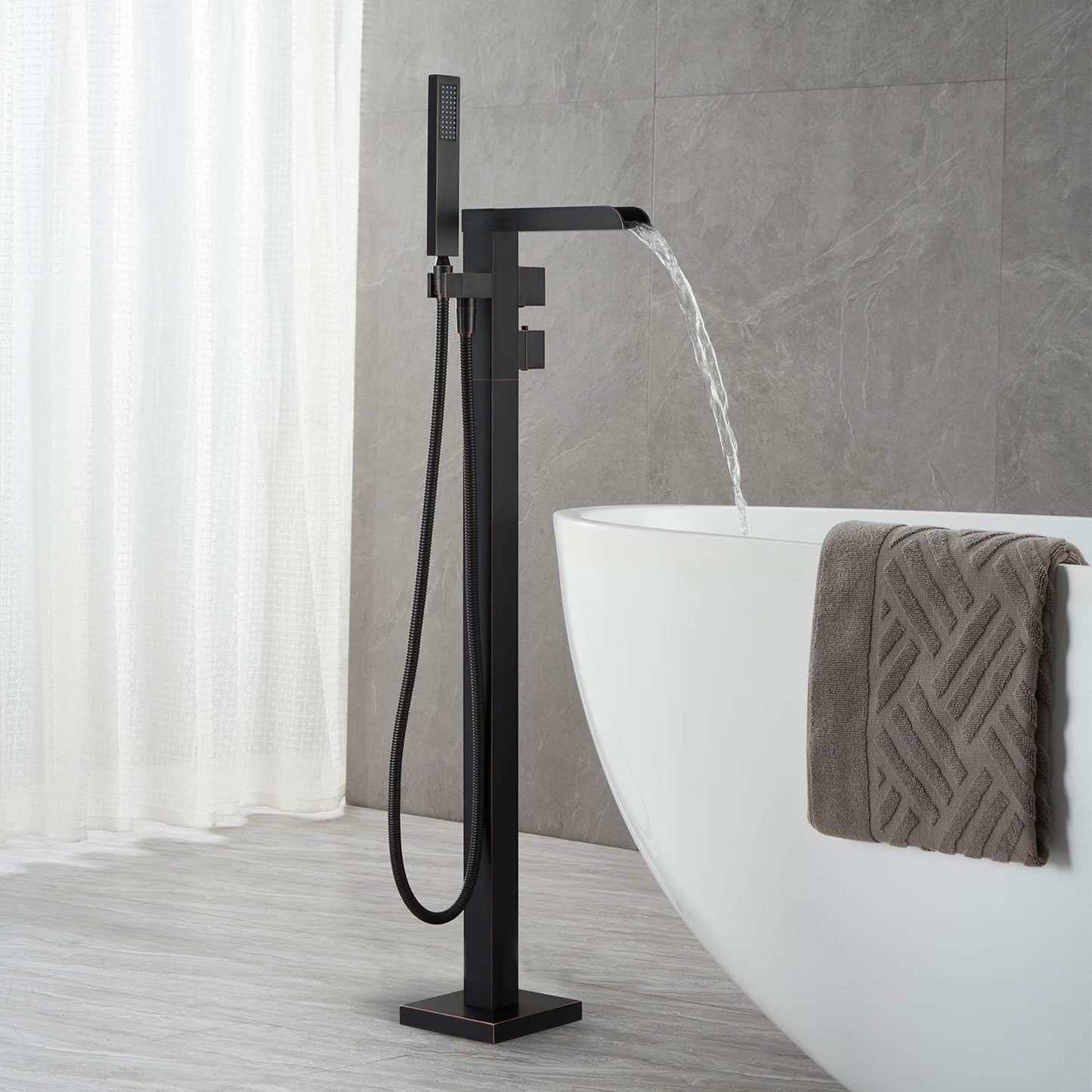 Thermostatic Freestanding Bathtub Faucet Waterfall Tub Filler Oil Rubbed Bronze Floor Mount Brass Bathroom Faucets with Hand Shower (Oil Rubbed