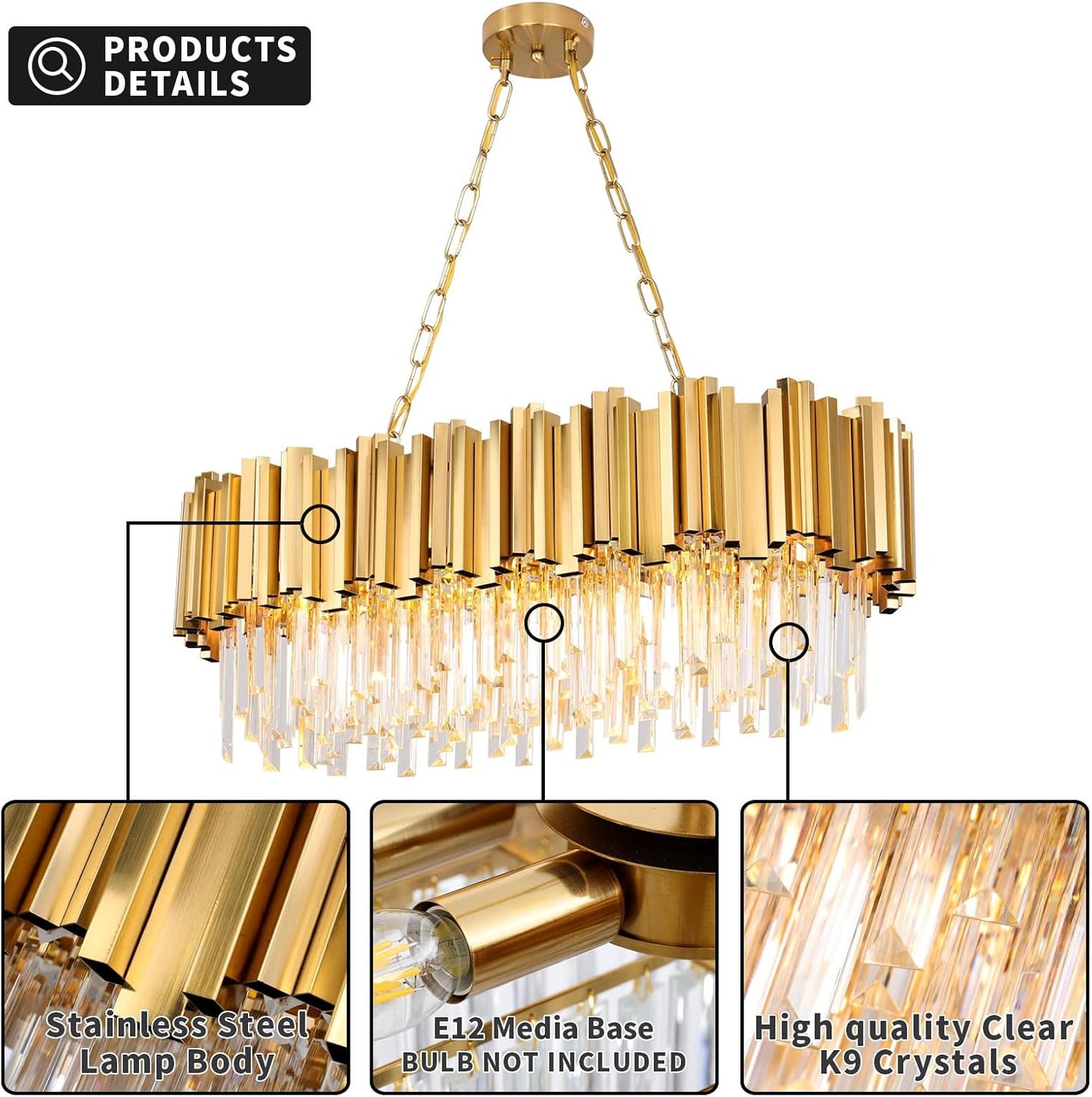 Fitsai Modern Crystal Chandelier Lighting 8 Lights Pendant Lights Fixture Island Chandeliers Ceiling Rectangle Chandelier for Dining Room Living Room