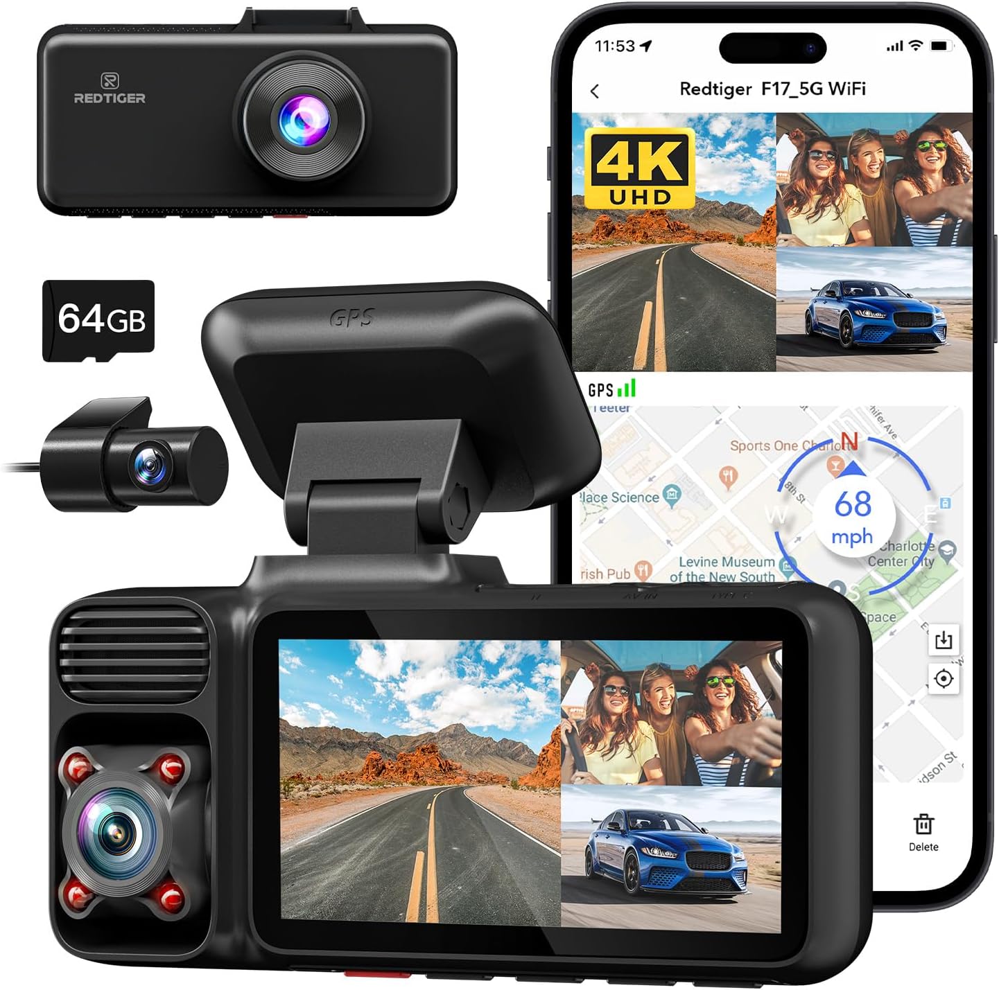 REDTIGER 3 Channel Dash Cam, 4K+1080P+1080P Front and Rear Inside Triple Car Camera,Built-in GPS and 5.0 GHz WiFi, 3 inch IPS Screen, WDR IR Night