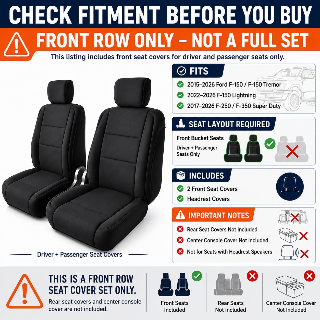 Pigenius Neoprene Front Seat Covers for Ford F-150 F-250 F-350 | Front row only, no rear seat or console cover, fits F-150 2015-2026, Lightning 2022-2026, F-250/F-350 2017-2026