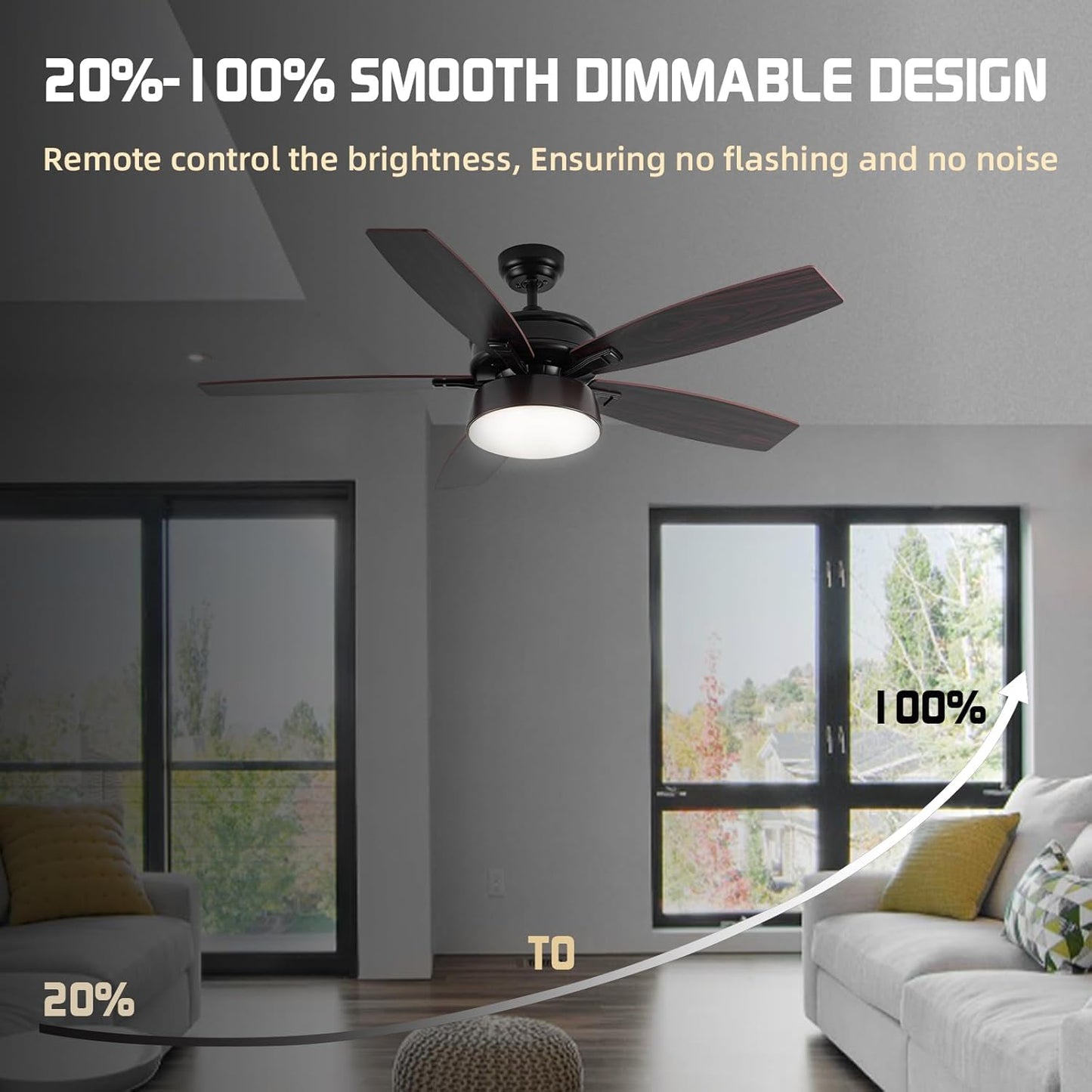 Ceiling Fans with Lights, 52 inch Ceiling Fan with Light and Remote Control, Reversible Flush Mount Ceiling Fan, Dimmable 5 Blades Low Profile