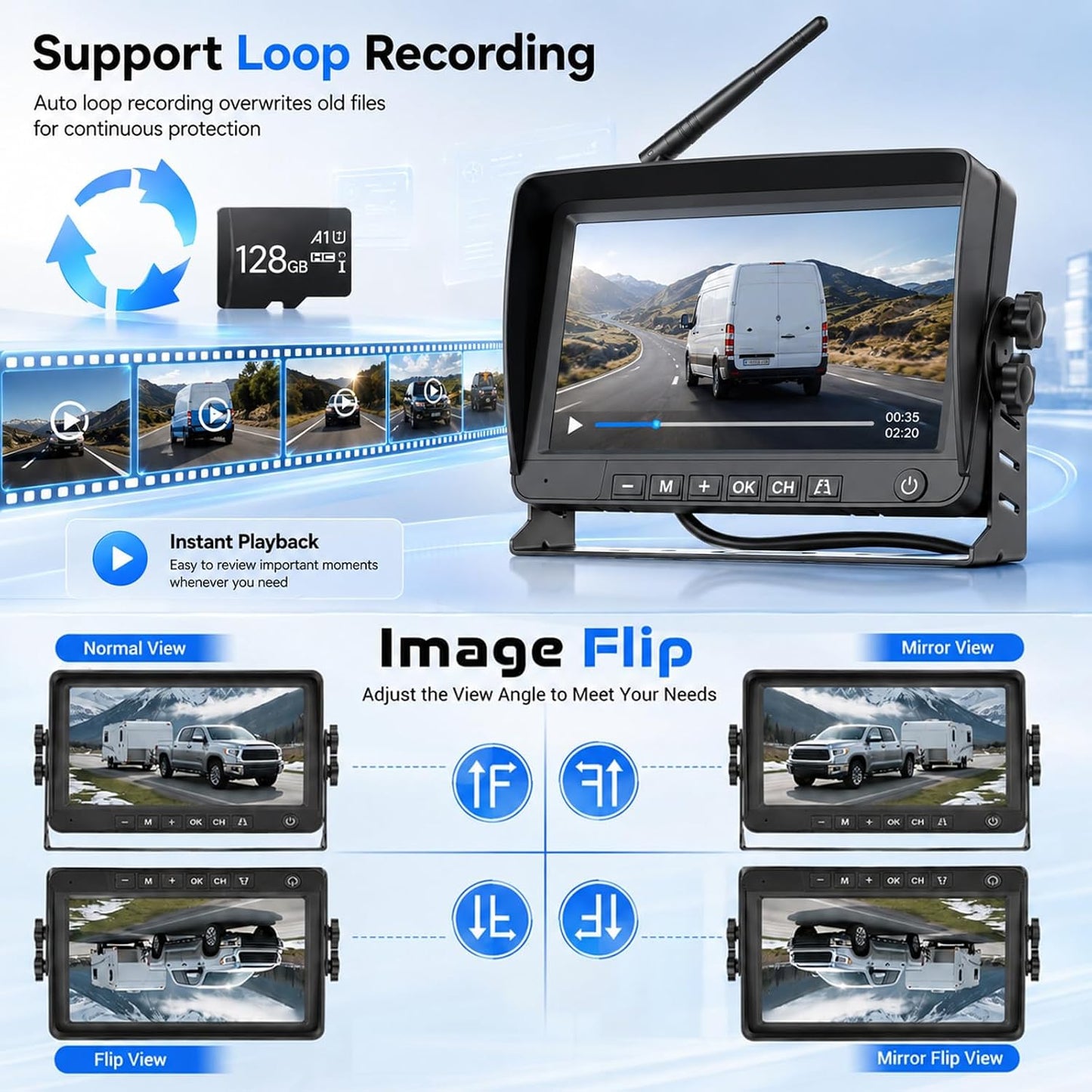 Wireless Backup Camera for Ford Transit 2014-2018, 3rd Brake Light Rear View Camera System with 7" Monitor, High Mount Roof Reverse Camera, IR Night Vision, Parking Assist