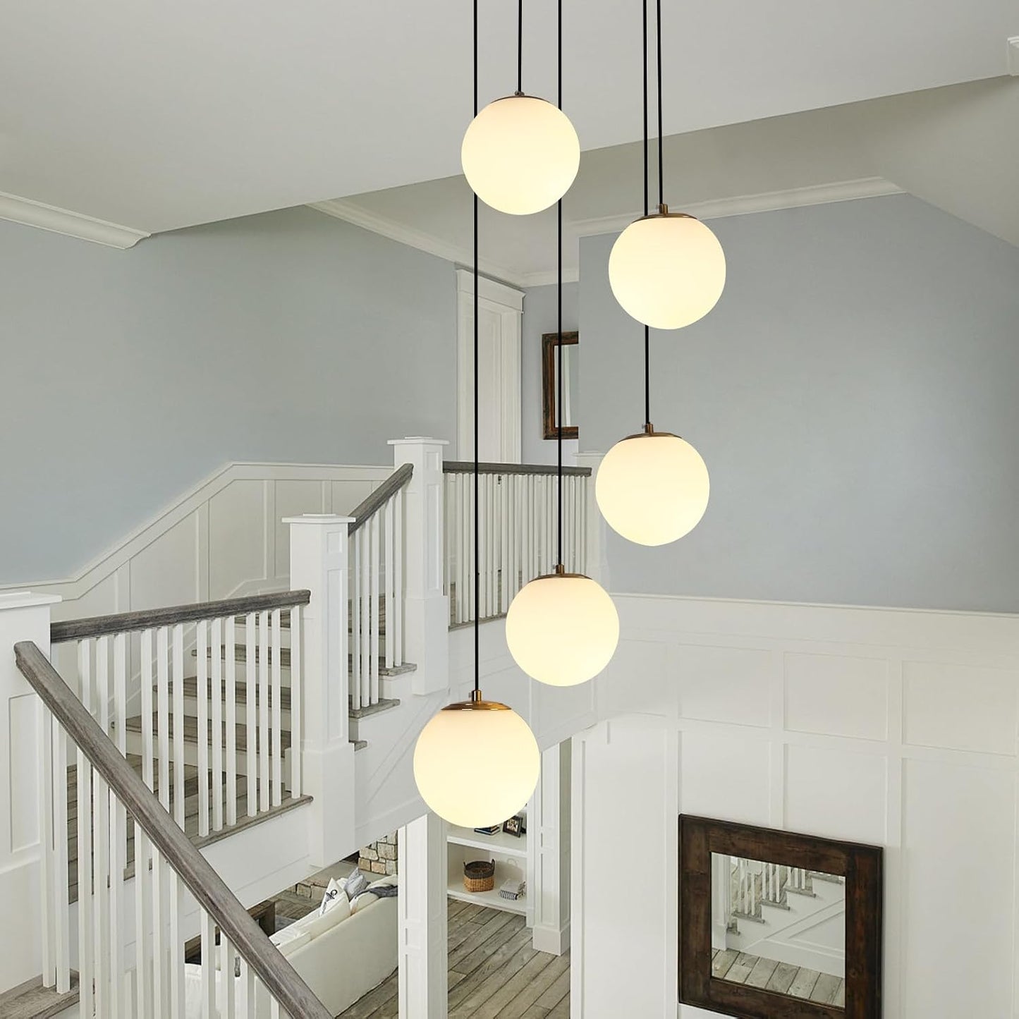5-Light Globe Cluster Mid Century Modern Chandelier for Dining Room | Brushed Gold Finish, Milk White Glass Pendants, Adjustable Height, for Staircase Kitchen Island