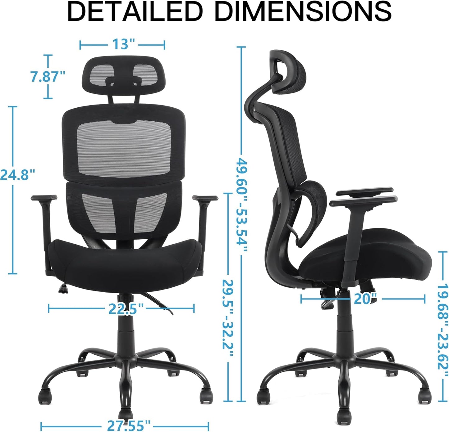 Ergonomic Office Desk Chair, High Back Mesh Chair with 3D Lumbar Support, Comfortable Computer Task Chair with Adjustable Armrest & Headrest, Wide