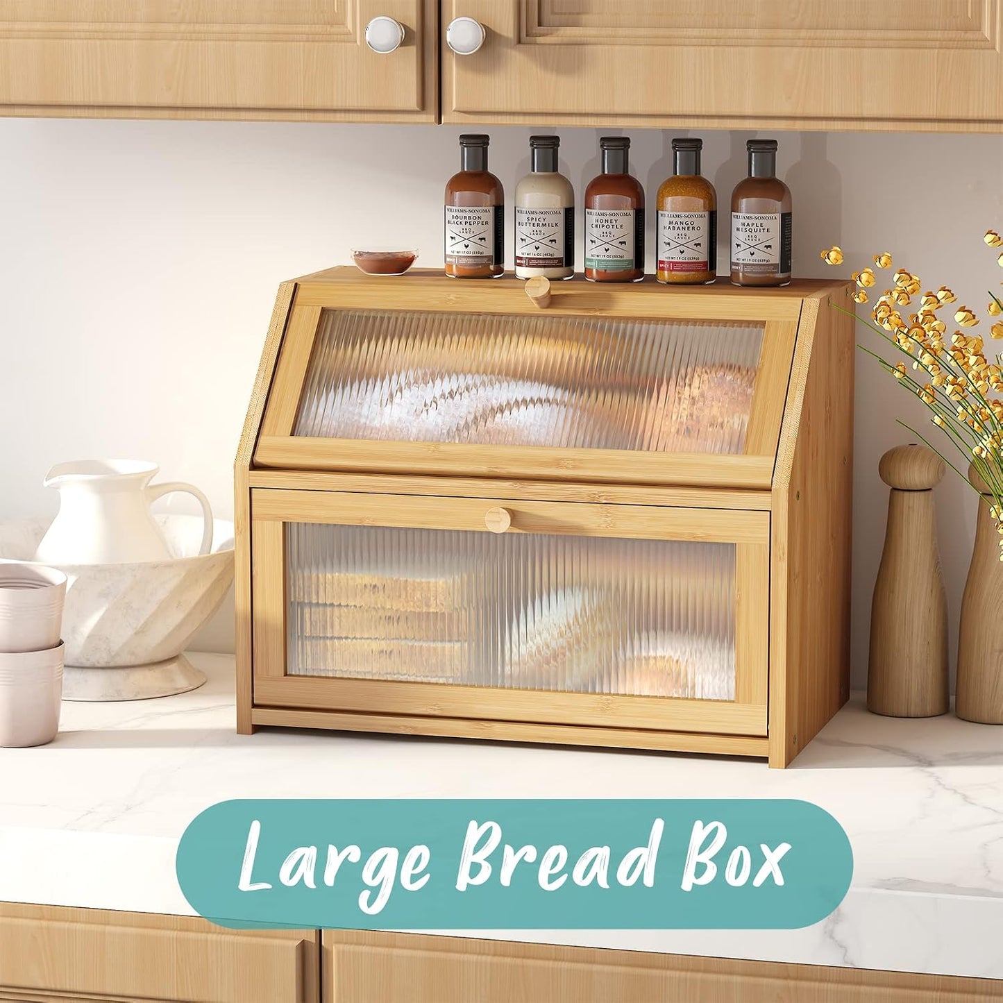 Bread Box for Kitchen Counter, Large Bamboo Wood Double Layer Bread Box, Wooden Bread Storage Capacity Natural Large