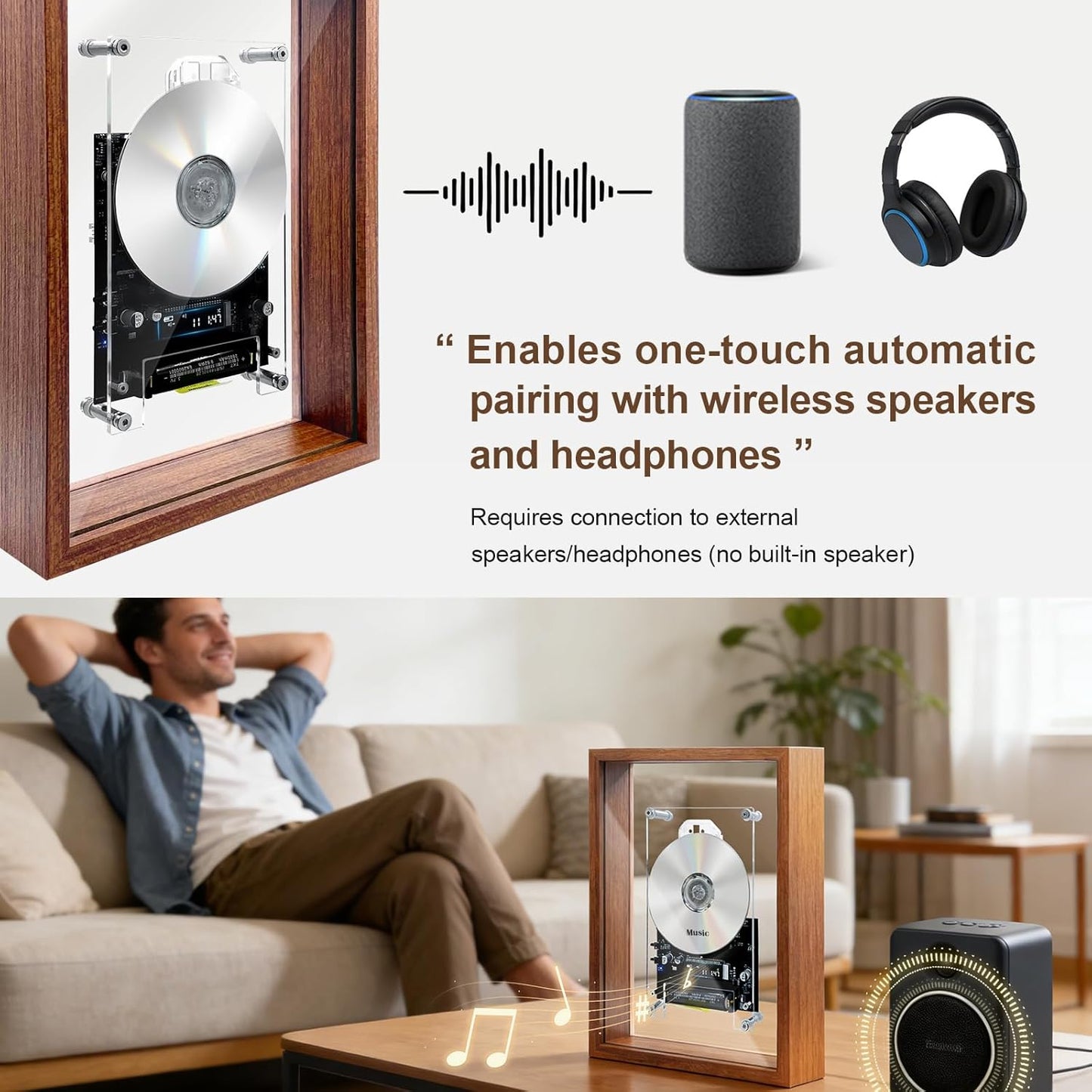 Decorative Wood Grain Frame CD Player, Retro & Fashionable Style with BT Pairing, 4-Hour Battery Wall/Tabletop Dual Use, for Birthday Christmas Housewarming (No CD or Speaker)