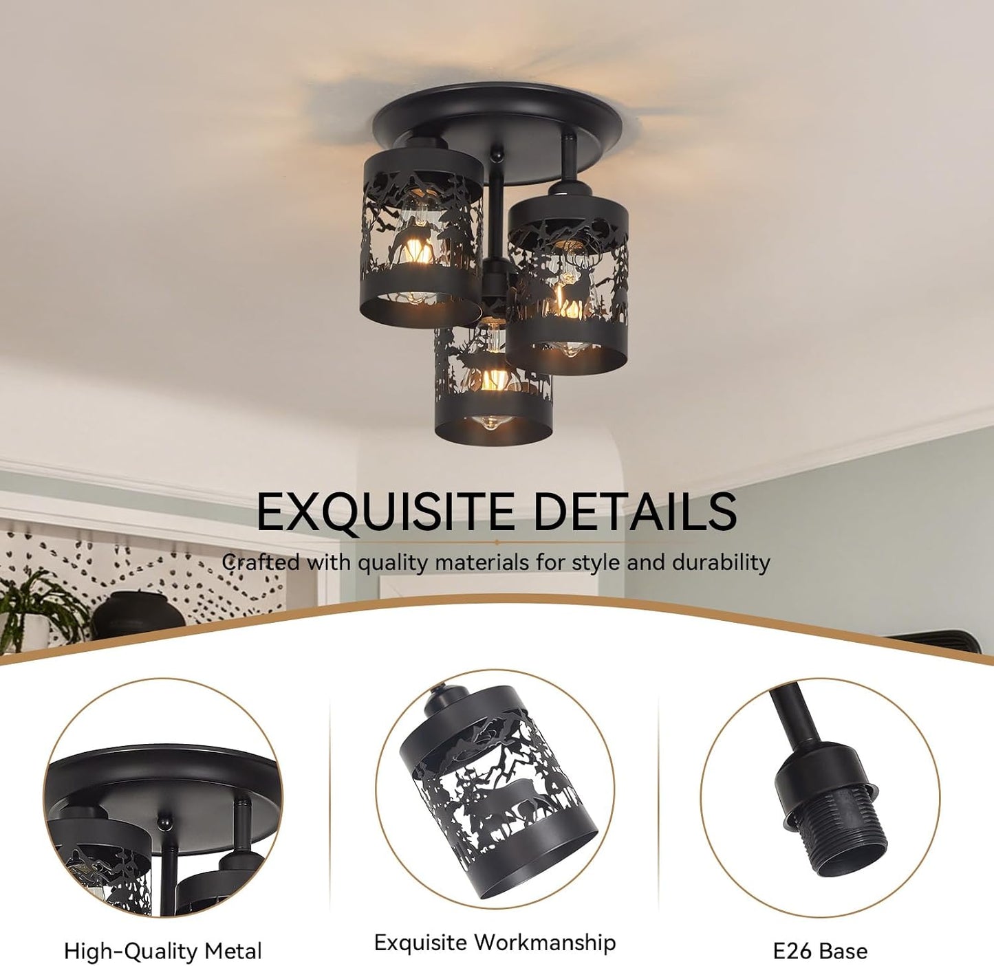 3-Light Rustic Farmhouse Semi Flush Mount Ceiling Light Fixture | Deer & Forest Design, Black Metal Shades, E26 Base