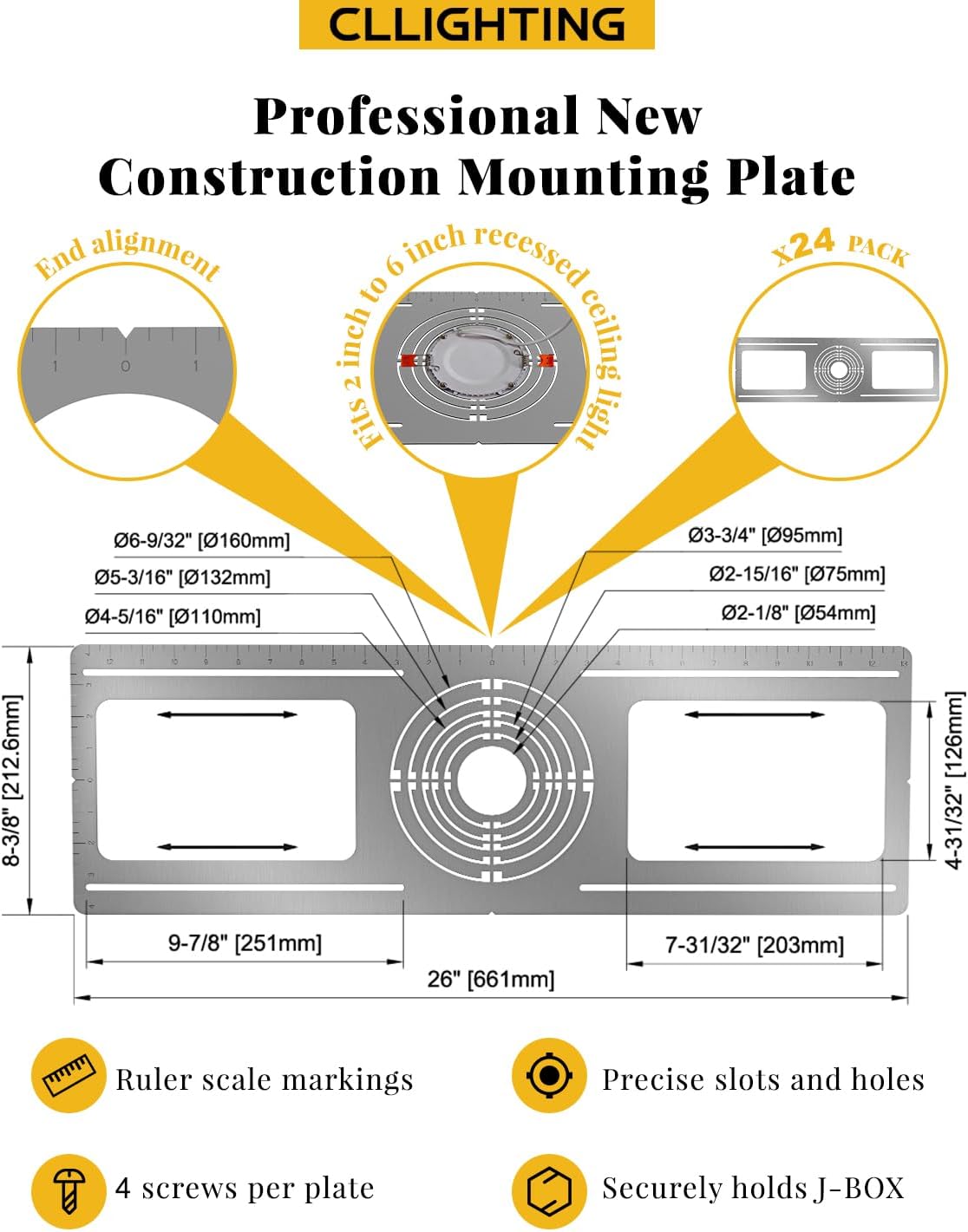 New Construction Mounting Plate - for 3/4/5/6 in Recessed Light | 24 Packs, Measurement Marks, 26 inch Wafer Light Rough in Plate, Screws Included, Adjustable Slots, Galvanized Steel for 2/3/4/5/6 inch Recessed Light
