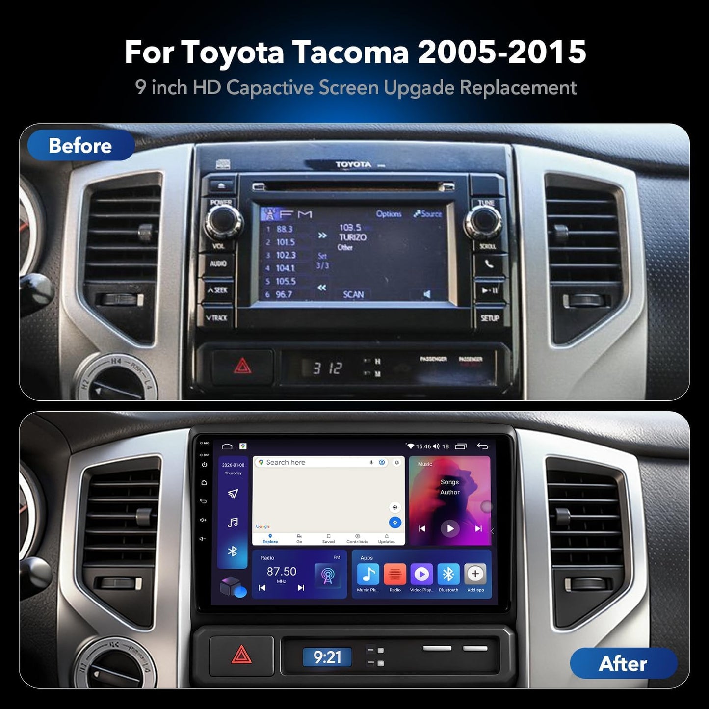 8 Core 64GB ROM Car Radio Stereo for Toyota Tacoma 2005-2015, 9" QLED HD Touch Screen Android 13 Head Unit with Carplay/Android Auto/5GHz WiFi/DSP/1080P Backup Camera/SWC/AM & FM Radio 9'' QLED TOUCHSCREEN
