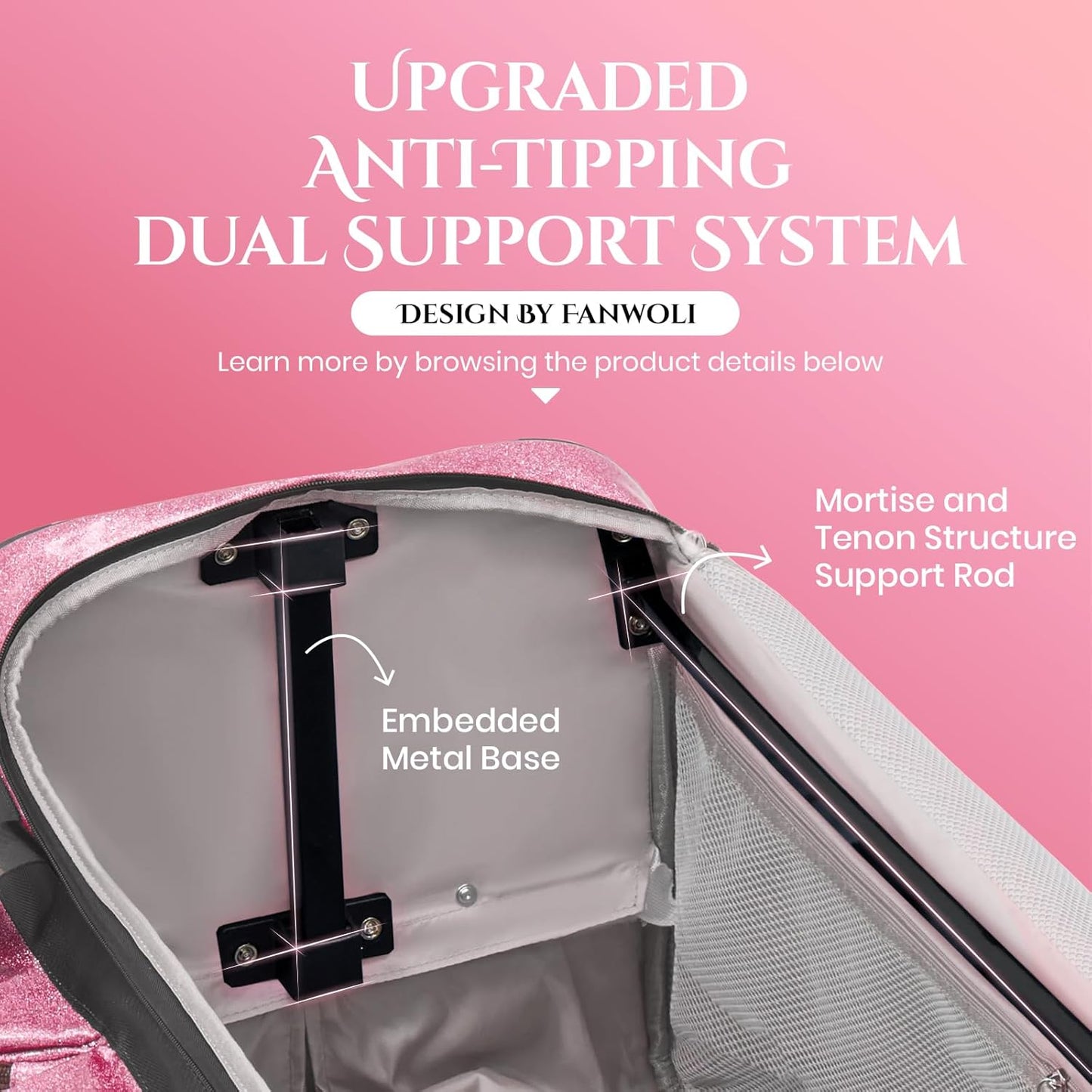 Fanwoli 23" Rolling Dance Duffel Bag with Garment Rack | Detachable 4-Spinner Wheels | Waterproof Glitter Fabric | Competition Travel Luggage for Cheerleader, Skating, Gymnast & Sleepover | Pink Sparkling Pink