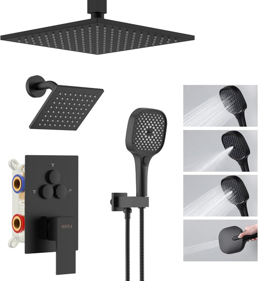 Shower System Matte Black Wall Mount Shower Faucet Set with 10 Inch Shower Head, Push Button Diverter Shower Fixtures with 3 in 1 Handheld,6 Inch