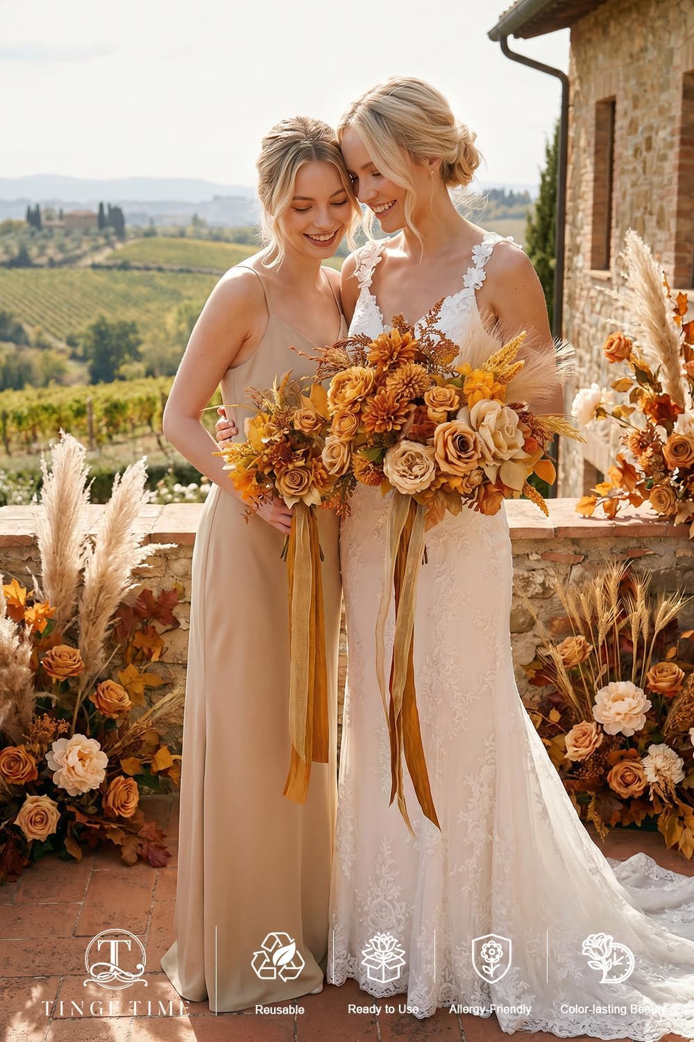 TINGE TIME 7in Wheat Gold Silk Bridesmaid Bouquets Set 4