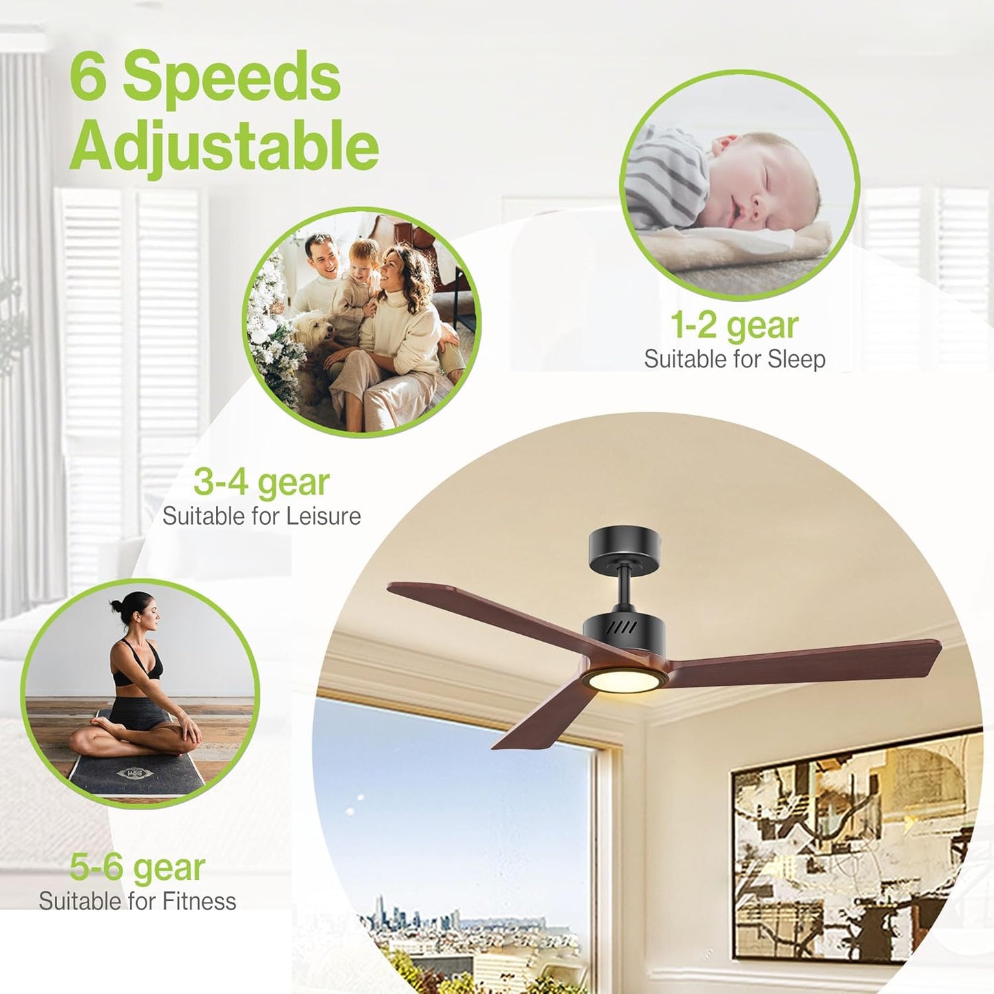 Walnut Wood 52 inch Ceiling Fan with Light, 3 Blade Ceiling Fan with Light, Downrods, 6CCT, Black Low Profile Ceiling F