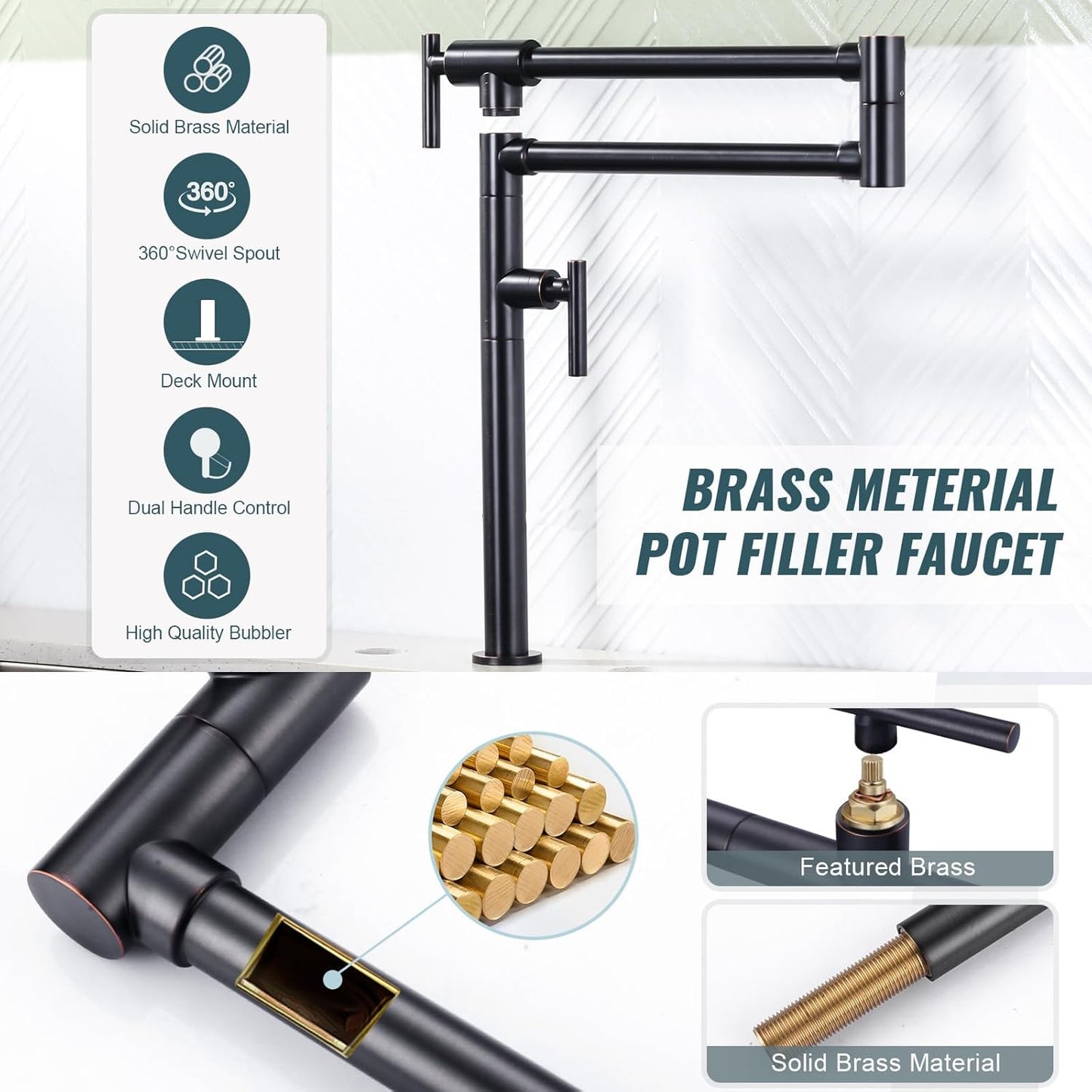 Pot Filler Faucet for Kitchen Sink, Deck Mount Pot Faucets Over Stove, Solid Brass Folding Pot Filler Faucet, Oil Rubbed Bronze Kitchen Pot Faucet