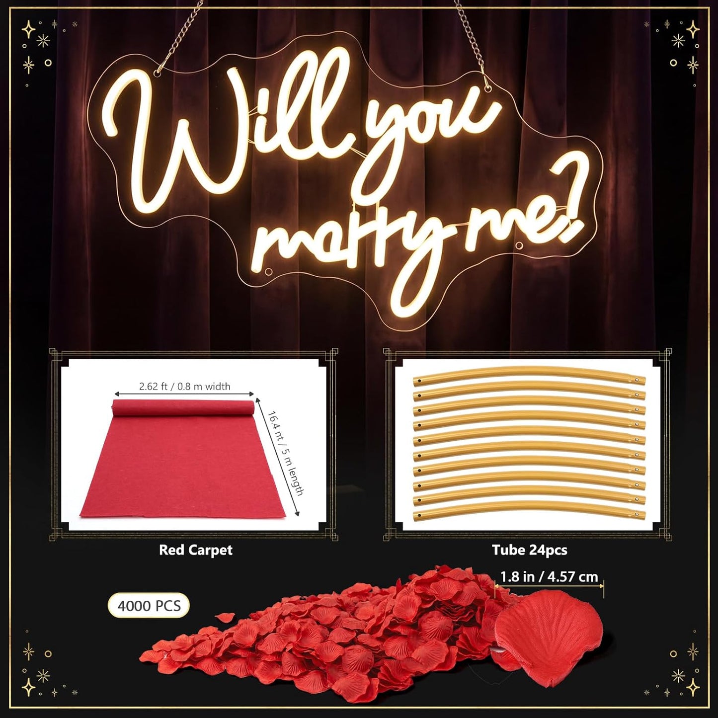 Will You Marry Me Sign 6.6 ft Large Metal Round Wedding Arch Stand Marry Me LED Neon Light Sign Proposal Decoration Red Carpet Aisle 4000pcs Rose Petals for Proposal Engagement Anniversary