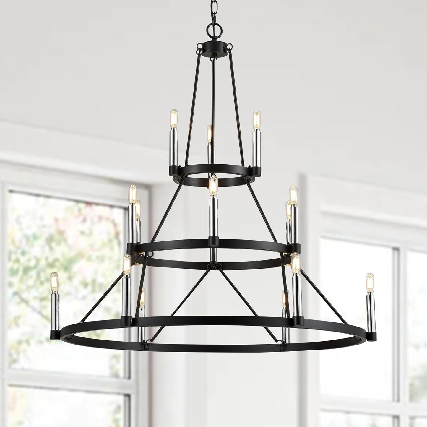 Large Black Wagon Wheel Chandelier 15 Light High Ceiling Chandelier Light Fixture 3 Ring Metal Round Chandelier for Foyer Staircase Entryway Living Ro