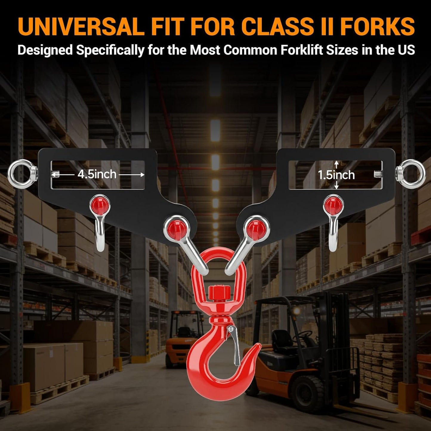 Professional Forklift Lifting Attachment - 6600 lbs Capacity Heavy Duty Steel with Screw Lock Fastener & 360° Swivel Safety Hook, Dual Fork Mobile Crane Conversion Kit for Industrial Use