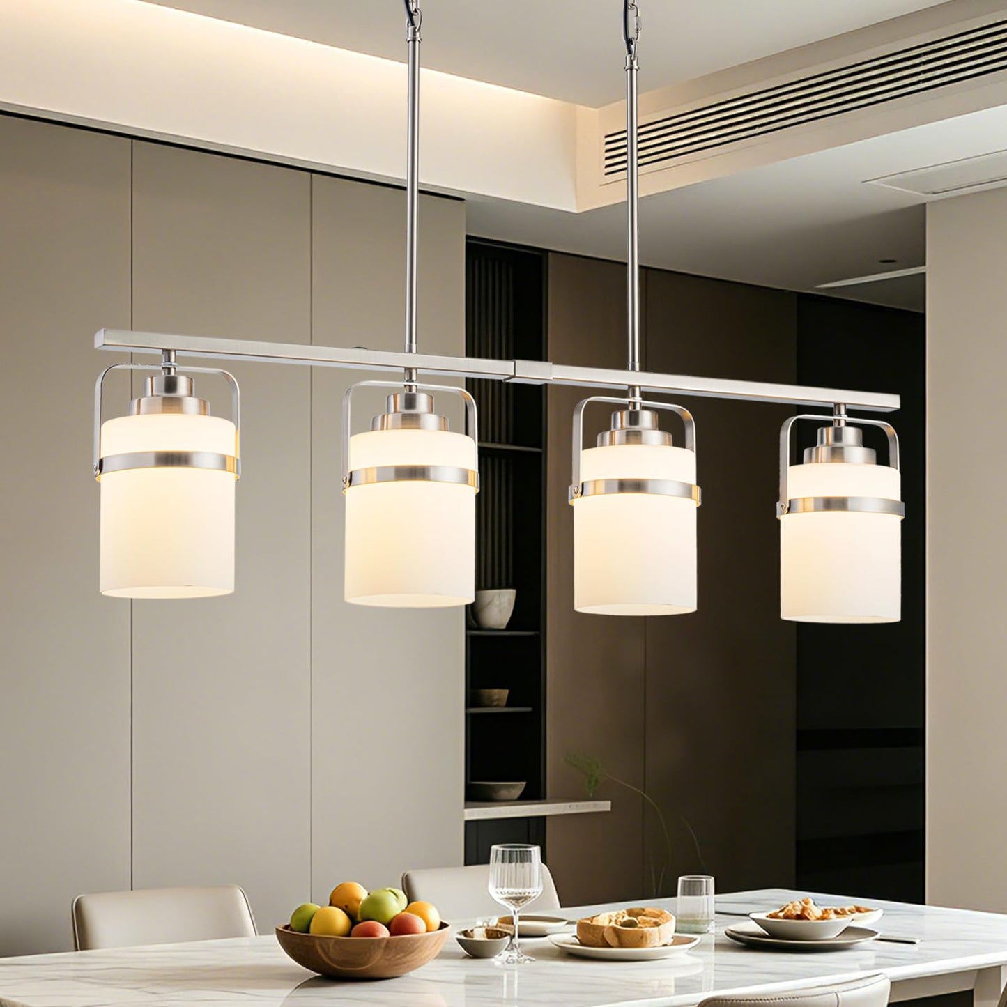 4 Light Kitchen Island Lighting, Brushed Nickel Dining Room Light Fixture with Milk Glass Shade, Adjustable Height Modern Chandelier Pendant Light for Dining Table Living Room Brushed Nickel, Milk Glass 4-Lights
