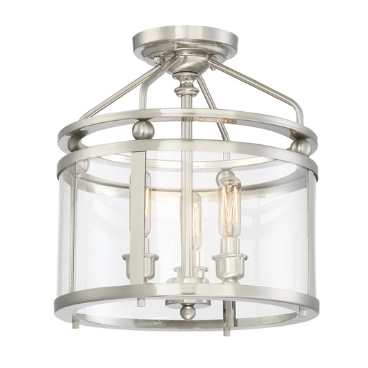 Quoizel Norfolk Semi-Flush Mount Ceiling Light Fixture, 11.875 inch 3-Light Brushed Nickel Hanging Light for Hallway, Kitchen, Bedroom, Dining, Living Room, or Office