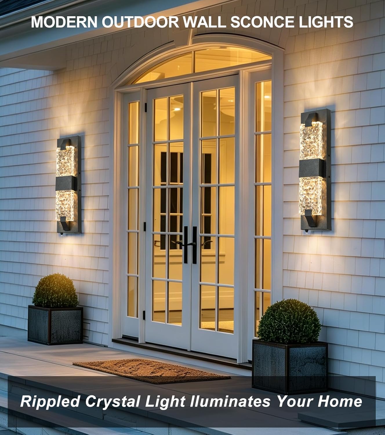 2 Pack Black Outdoor Wall Light 18.5" Dusk to Dawn Outdoor Lighting, Modern Crystal Ripple Porch Lights Outdoor Hardwired Non-Solar IP65 Waterproof Exterior Wall Sconce for House Garage Entryway Black 18.5IN (2 Pack)
