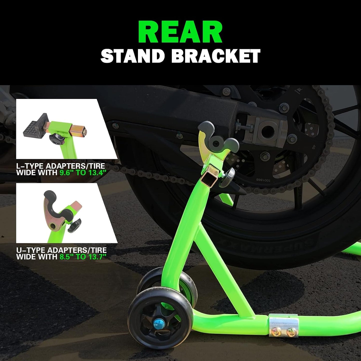 MOTO4U Motorcycle Stand,880lbs Motorcycle Stands Front and Rear with 4 Adjustable Swingarm Spool,Heavy Duty Front Rear Wheels Lift Combo,Paddock Stands Dual bolt Universal Fit for Most Sport Bike