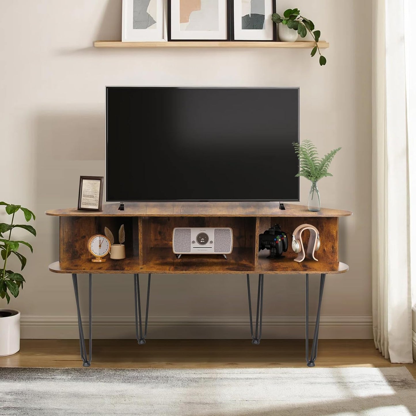 Corner TV Stand with 3 Open Divided Storage, Corner TV Console with Metal Feet and Anti-Slip Pads, Corner Entertain