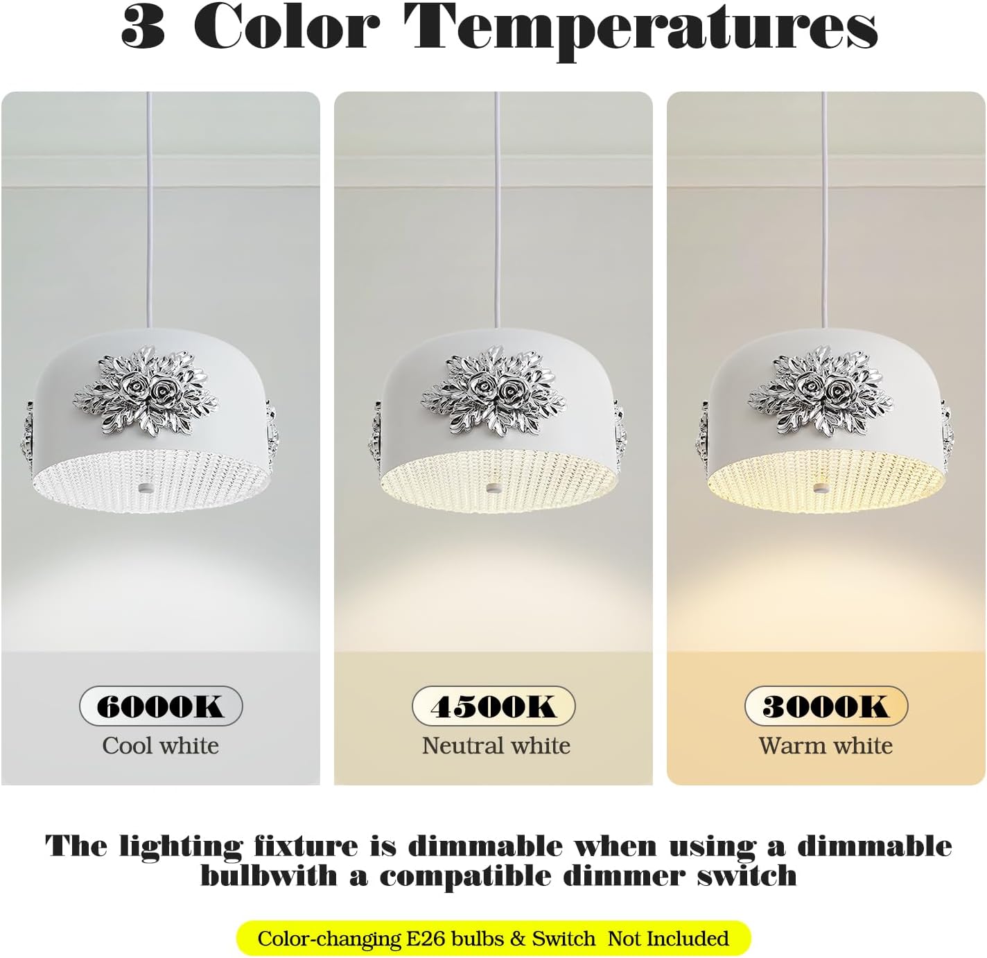 3-Light Silver Flower Pendant light,Modern Elegant Floral Kitchen Island chandelier small vintage Fixture 10.2-in Art Deco rose White drum-shaped Adjustable Hanging For Dining Room Hallway Entryway.