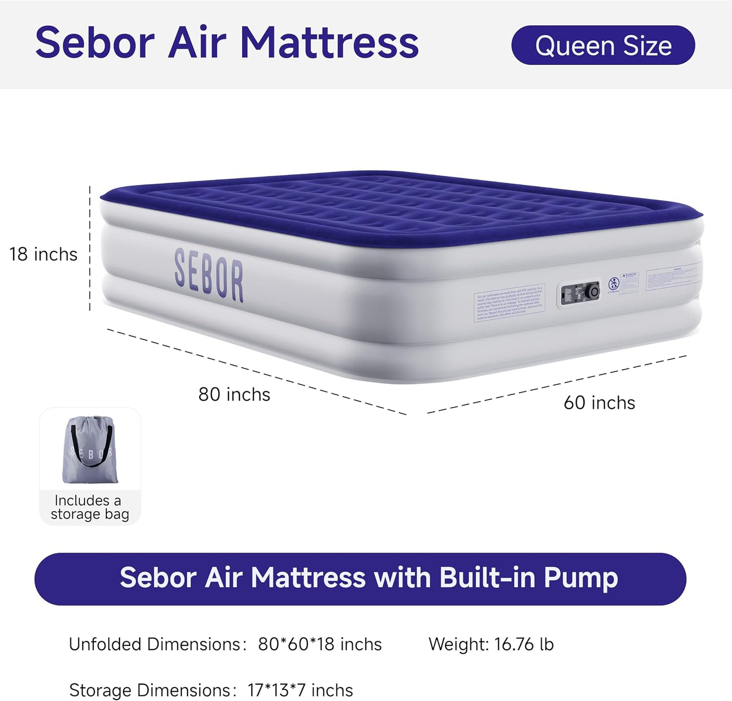 Sebor Air Mattress Queen with Built-in Pump 18",Self-Inflating Blow up Mattress with High-Speed Pump, Durable Twin Size Air Mattress with Storage Bag for Guests,Camping,Travel Blue