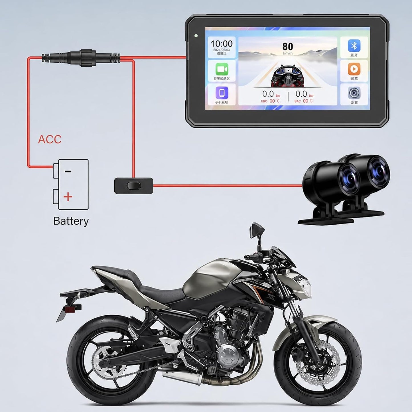 7-Inch Motorcycle CarPlay with TPMS, Apple CarPlay & Android Auto, Portable Display, Dual Bluetooth, Motorcycle Mount Included 7in