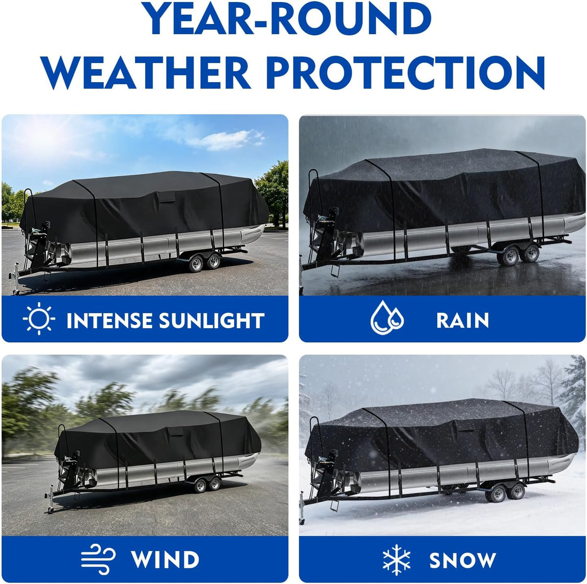 Pontoon Boat Cover 21-24 ft 102" Max Beam, Heavy-Duty 900D Oxford with 10000PA Waterproof & UV Protection Pontoon Cover, 12 Adjustable Straps & 2 Long Tie-Downs for Boat Cover