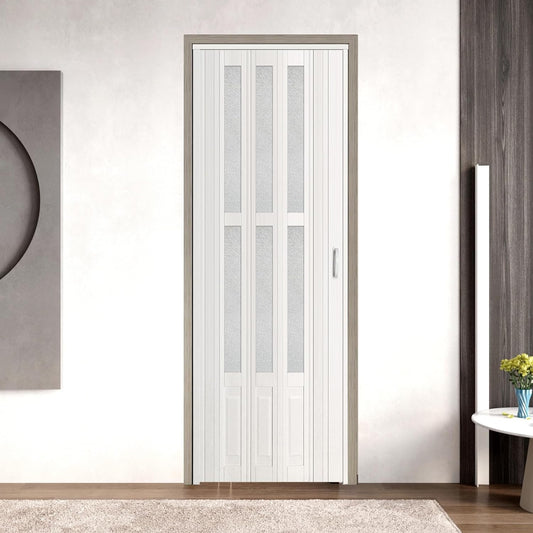 30X80in White Accordion Door with Frosted Acrylic Glass,PVC Folding Closet Door