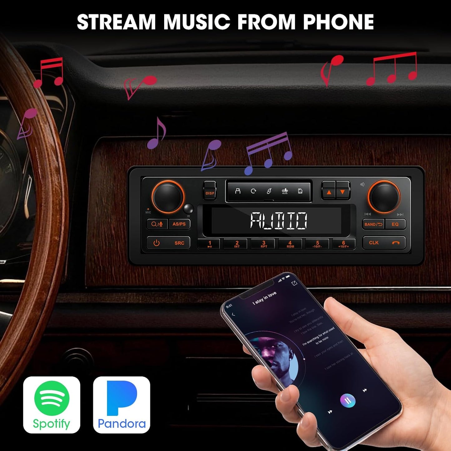 Single Din Retro Bluetooth Radio: European Style Stereo for Classic Cars | HD LCD Display FM AM USB SD AUX-In Type-C Charge Preset EQ 4-CHN Outputs Black