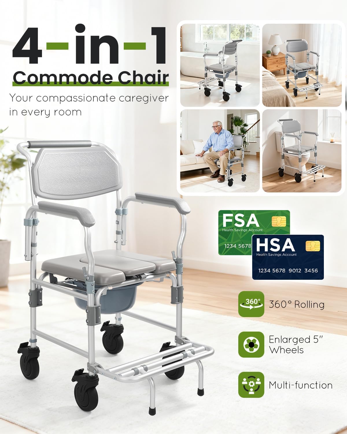 Shower Chair with Wheels & Commode for Elderly and Disabled | 330 lbs heavy-duty aluminum rolling bath chair, flip-up armrest for easy transfer, includes 5" enlarged casters & safety belt