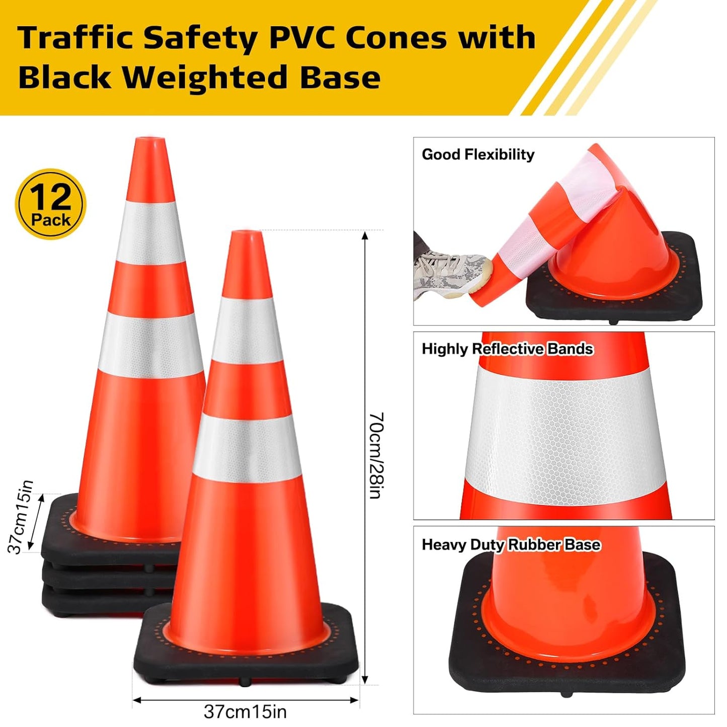 Copkim 11 Pack Retractable Traffic Cone Bar 4ft to 6.9ft and 12 Pack Traffic Cones 28 Inch, Reflective Traffic Cone Barrier Bar Barricade for Road