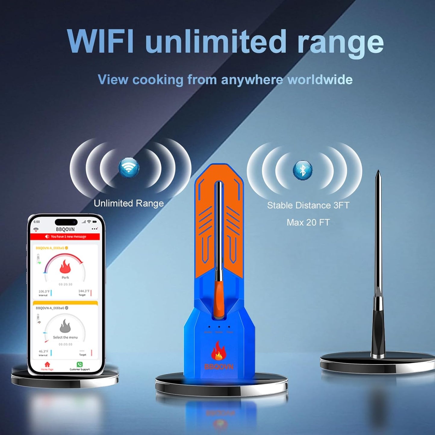 WiFi Wireless Meat Thermometer, Unlimited Range, 7 Sensors, Remote Monitoring for BBQ Grill, Oven, Smoker, Air Fryer(1, Blue, Small)