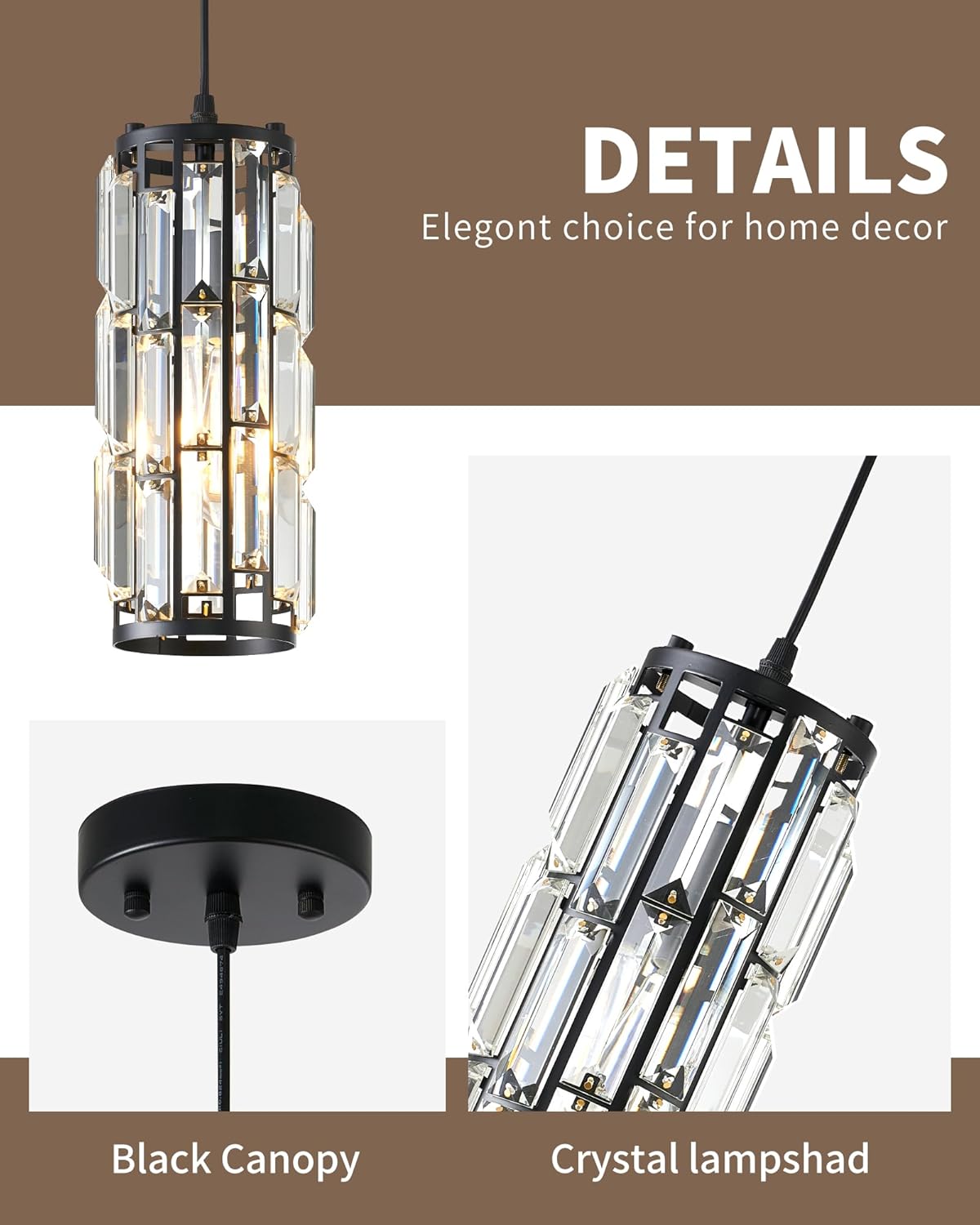 Eiehg Pendant Lights Kitchen Island, Modern Black Pendant Light Fixture, Crystal Mini Pendant Lights for Kitchen Island Dinning Room Bedroom Hallway