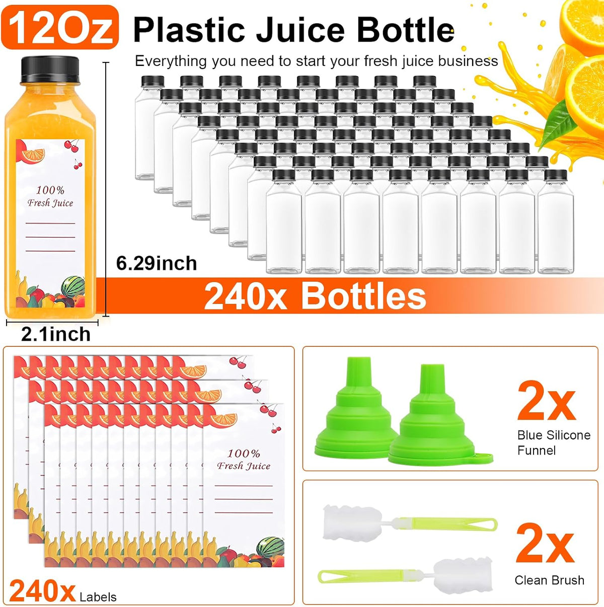 OBKJJ Plastic Juice Bottles 240 pcs 12 oz Empty Plastic Water Bottles with Caps Reusable Clear Beverage Containers for Drinking, Juicing, Smoothie, Water with 2 Brushes, 2 Funnels