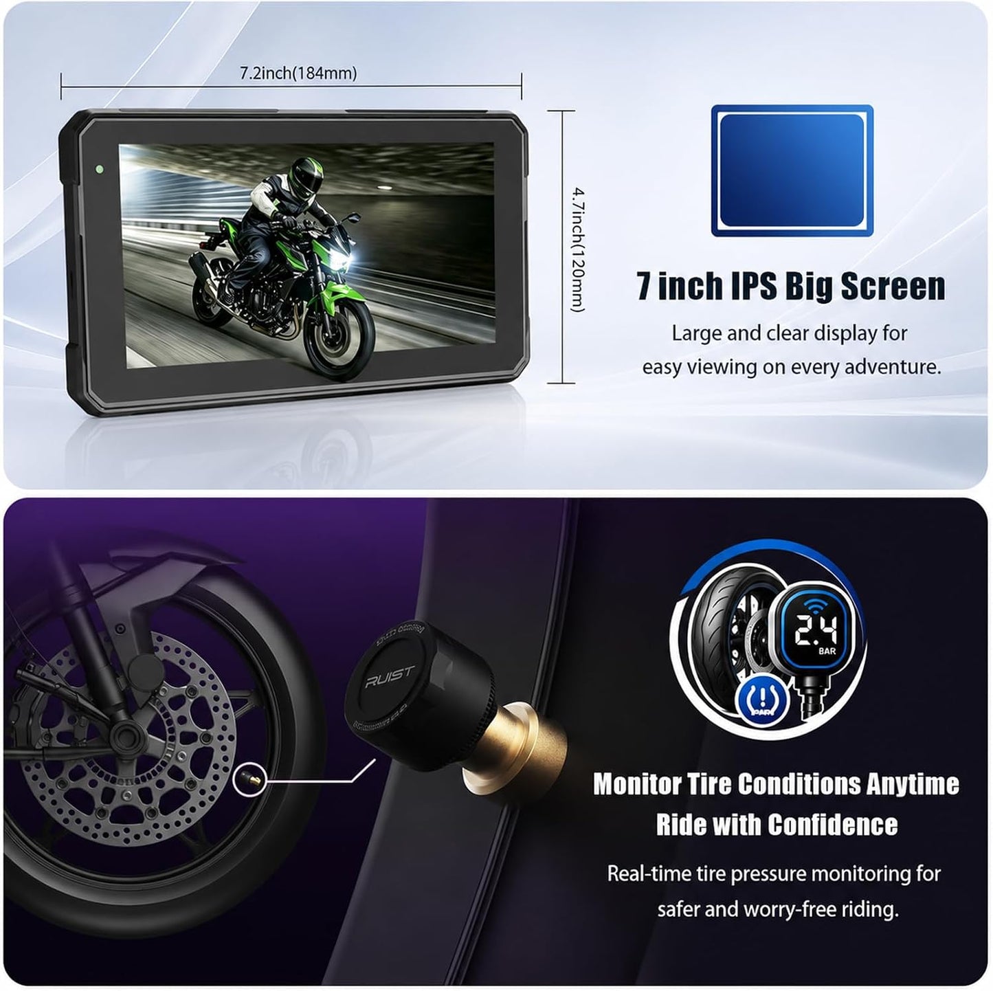 7-Inch Motorcycle CarPlay with TPMS, Apple CarPlay & Android Auto, Portable Display, Dual Bluetooth, Motorcycle Mount Included 7in
