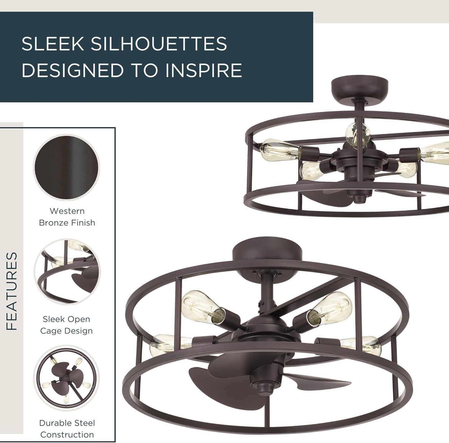 New Harbor Ceiling Fan with Light, 5-Light Western Bronze Open Cage Flush Mount Fandelier, Remote Included, Dimmable LED Bulbs