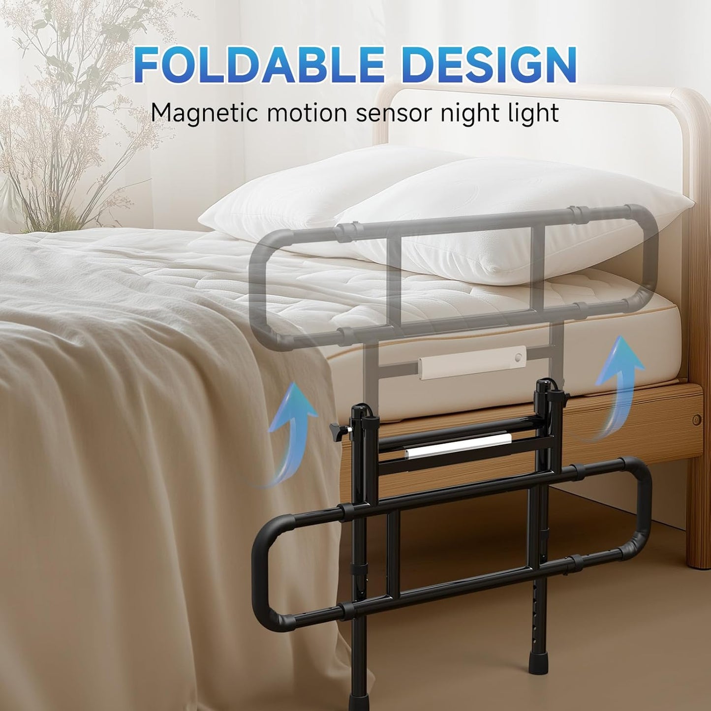 Bed Rails for Elderly Adults Safety-Adjustable Heights&Extendable Bed Side Rail with Leg,Storage Pocket,Motion Sensor Light,Foldable Bed Assist Grab