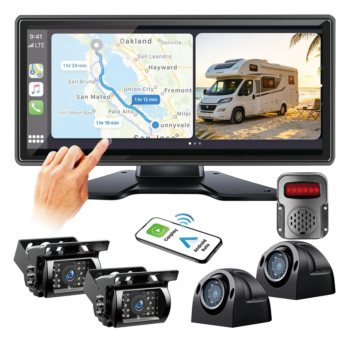 RV Backup Camera System with CarPlay & Android Auto, RVInWest 10.36" Touchable Monitor with Mirror Link DVR Recording + 4 AHD 1080P IP69K Waterproof Night Vision Camera for RV Truck Trailer Bus