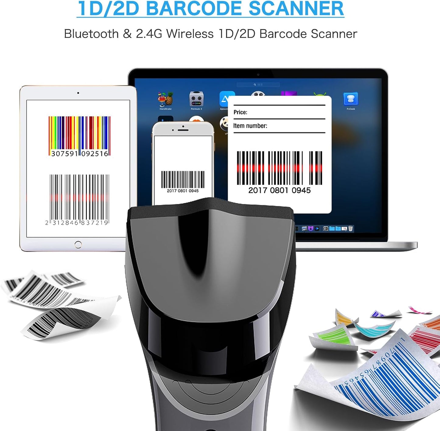 Bluetooth Wireless 2D Barcode Scanner, Hands Free QR Barcode Reader-DS7500 | with Charging Cradle and Built-in Memory, Automatic Fast and Precise scanning, Transfers Up to 100 Meters (2D-Gray)