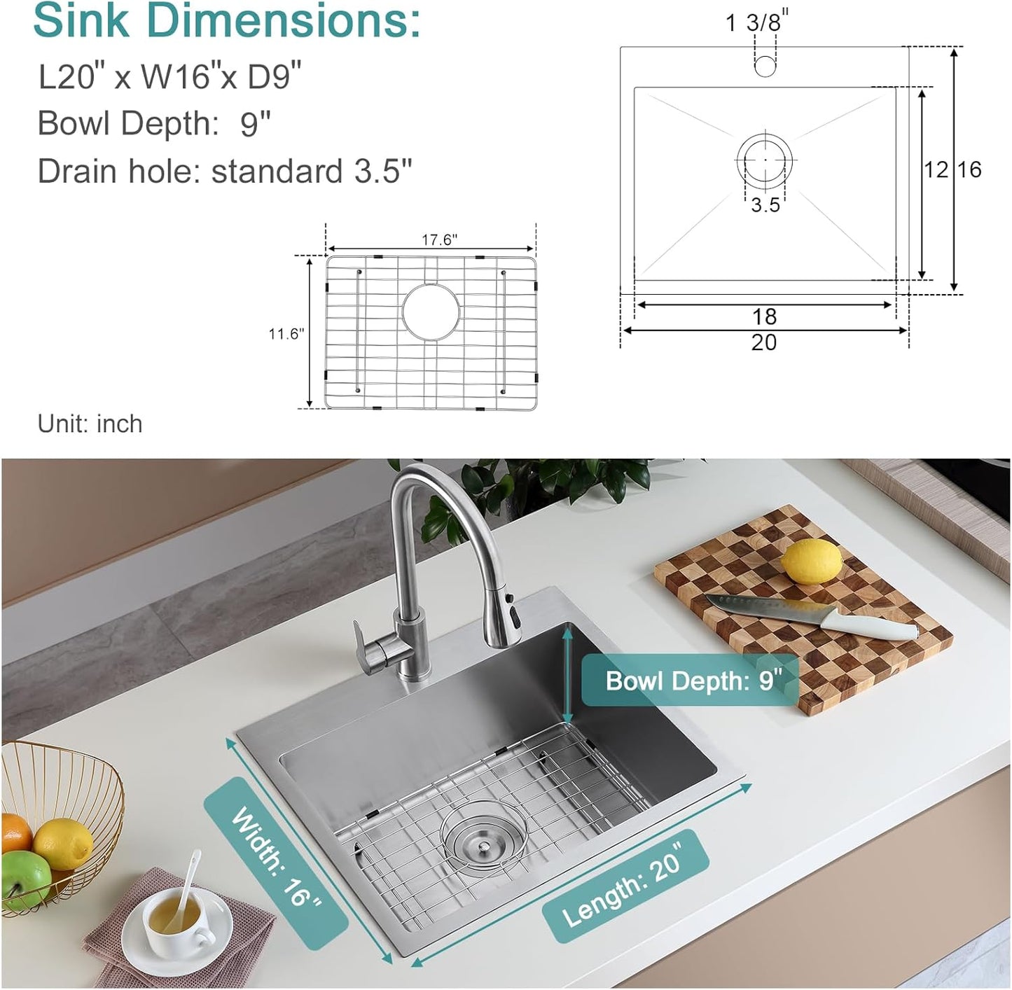 KINKIB 20 inch Drop-in Kitchen Sink Single Bowl, Small Topmount Kitchen Sink with Protective Bottom Grid, Overmount 304 Stainless Steel Kitchen Bar