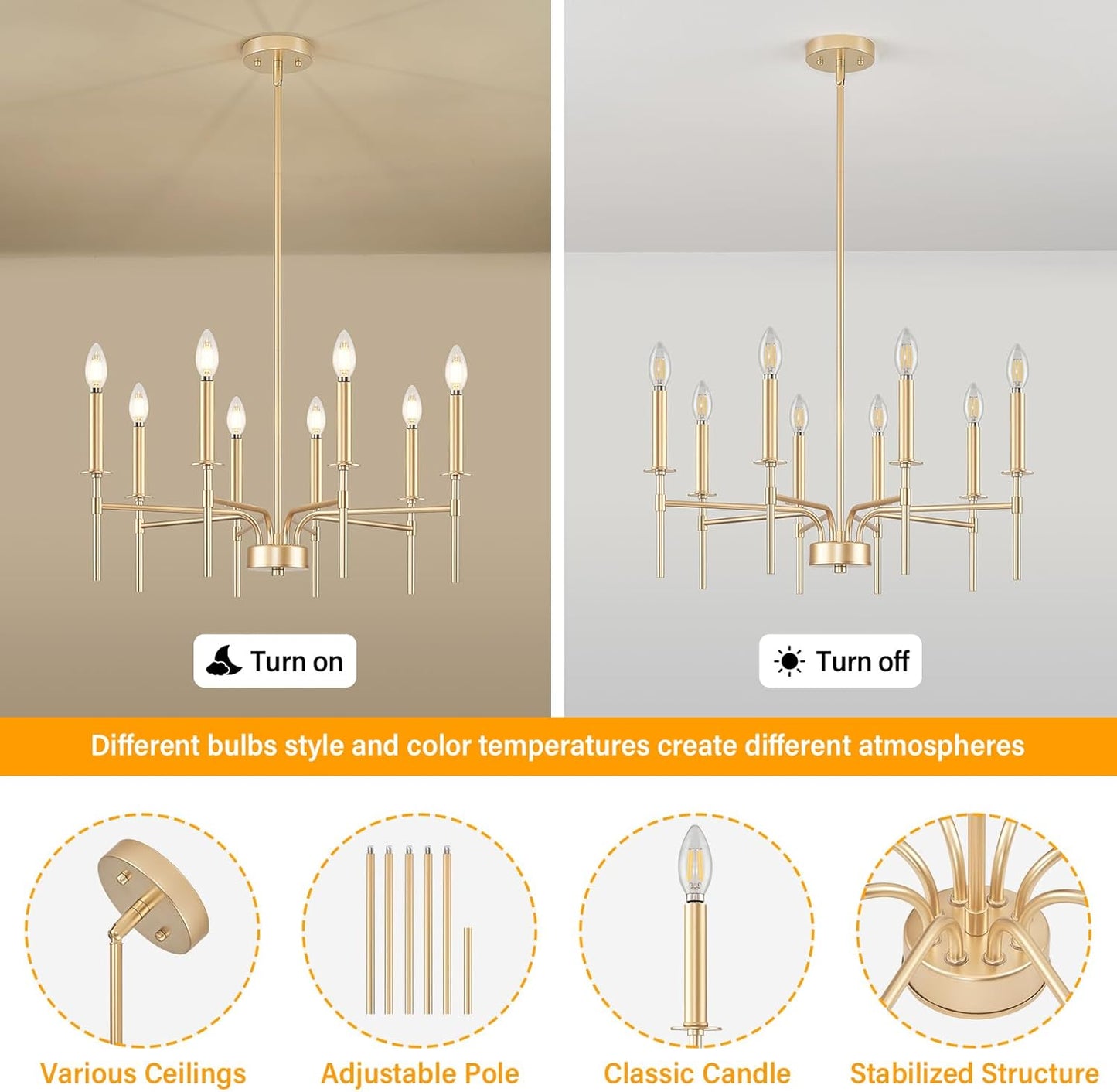 ZUYURT 8 Light Modern Gold Chandelier,Dining Room Chandelier Light Fixture Over Table,Iron Candle Ceiling Chandelier Lighting Fixtures for Kitchen