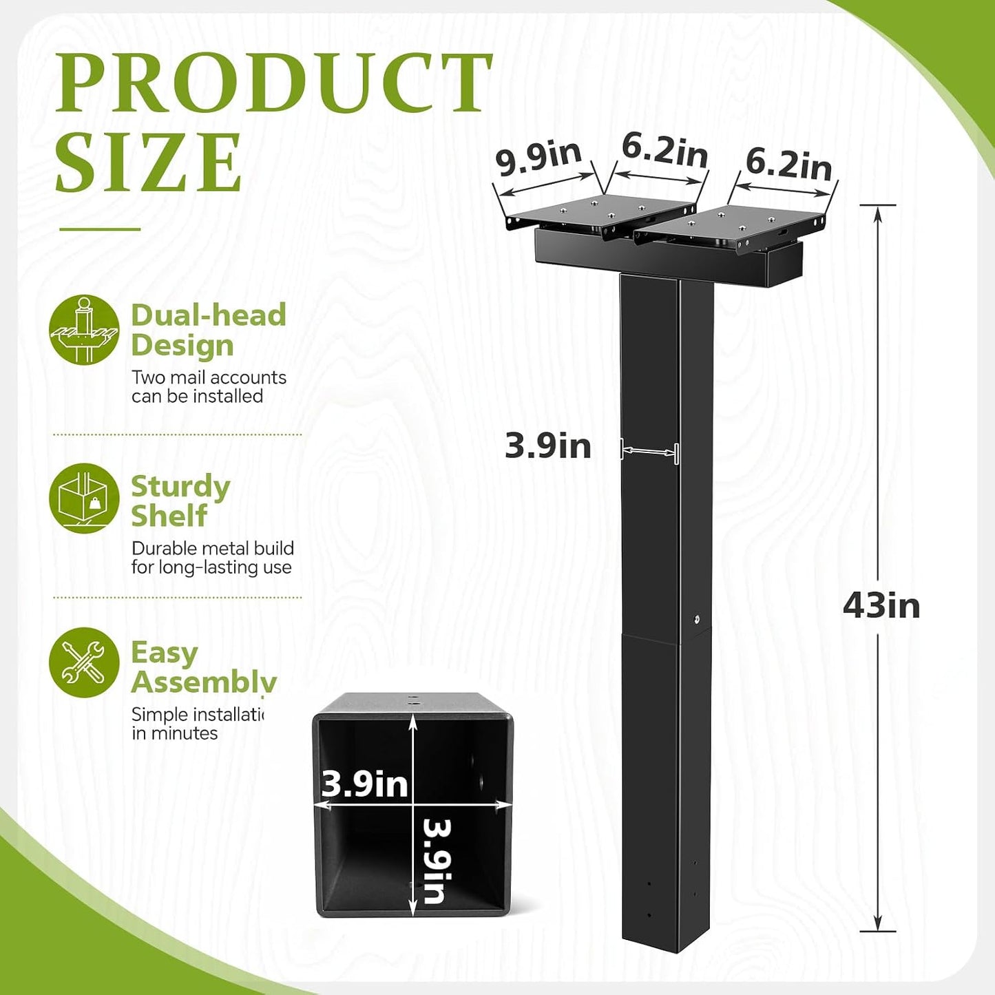 Colingmill Double Mailbox Post for Outside, 43 x 3.9 x 3.9 Inch Galvanized Steel Heavy Duty Post for 2 Mailboxes, Weather-Resistant and Mountable Black Stand for Homes(Mailbox Not Included)