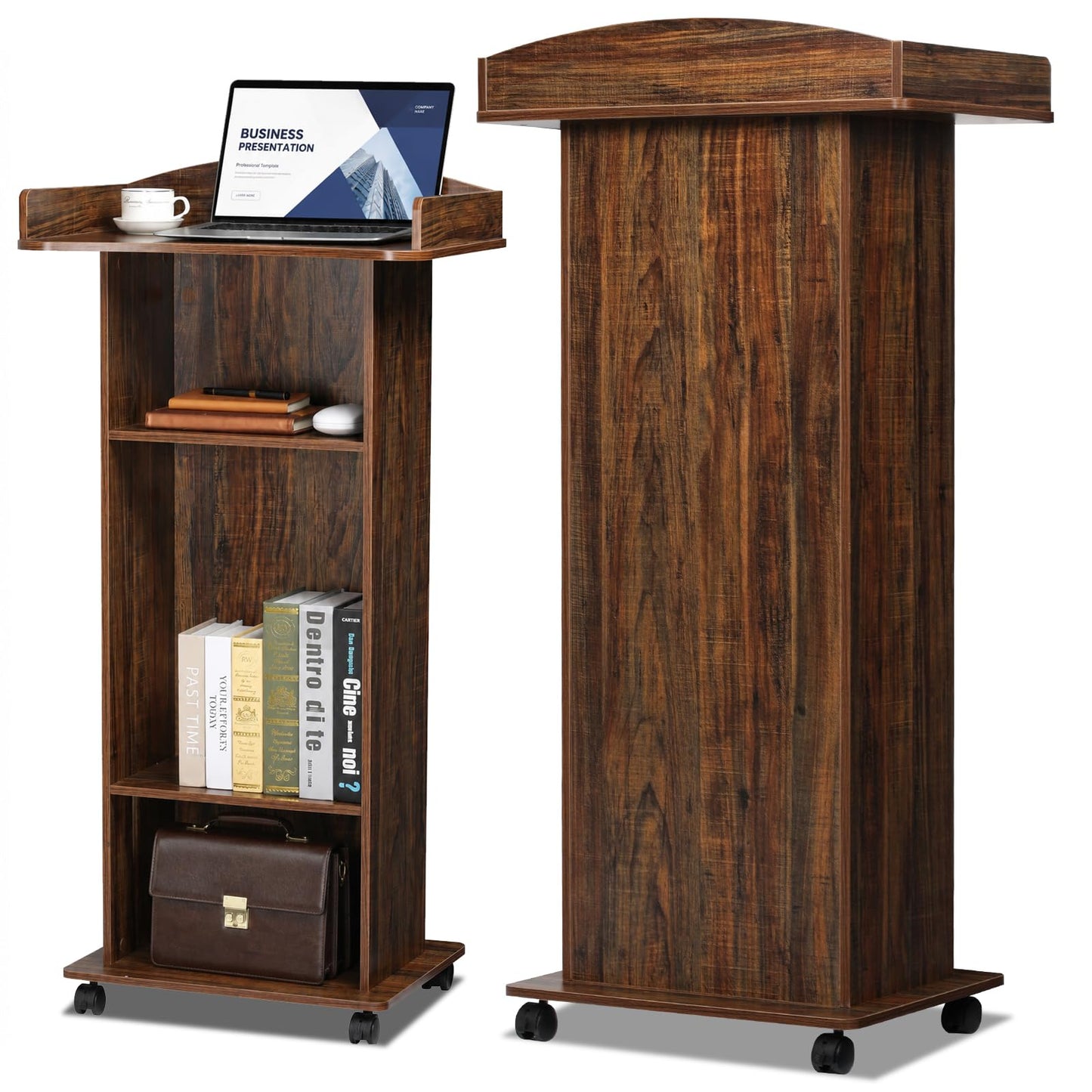 Wooden Podium Lectern Stand with Wheels, 3 Storage Shelves, Black Walnut, for Church Classroom